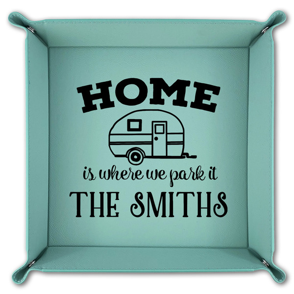 Camper 9" x 9" Teal Leatherette Snap Up Tray - FOLDED