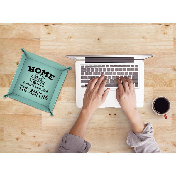 Camper 9" x 9" Teal Leatherette Snap Up Tray - LIFESTYLE