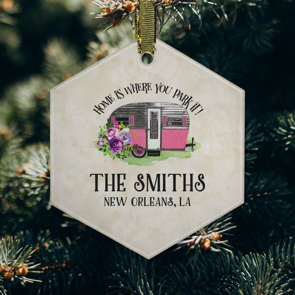 Camper Frosted Glass Ornament - Hexagon (Lifestyle)