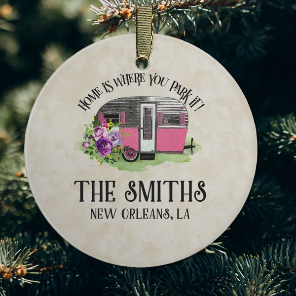 Camper Frosted Glass Ornament - Round (Lifestyle)