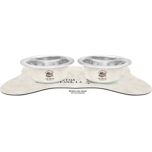 Camper Metal Pet Bowls - On Dog Bone Shaped Mat