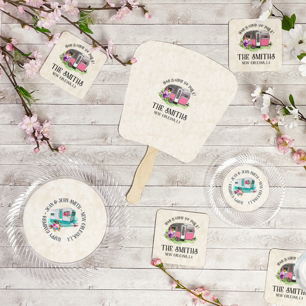 Camper Party Supplies Combination Image - All items - Plates, Coasters, Fans