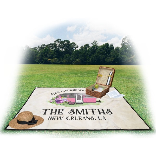 Camper Picnic Blanket - with Basket Hat and Book - in Use