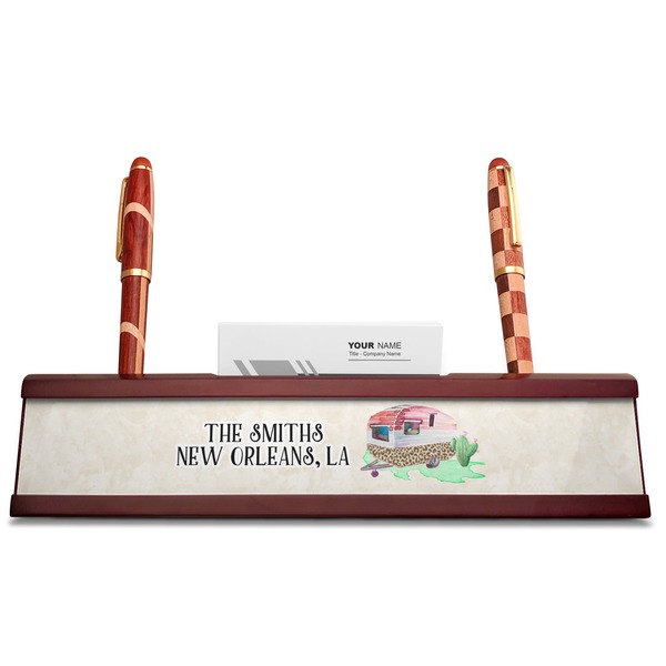 Camper Red Mahogany Nameplates with Business Card Holder - Straight