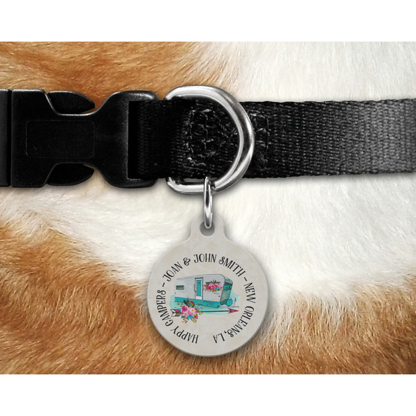 Camper Round Pet Tag on Collar & Dog