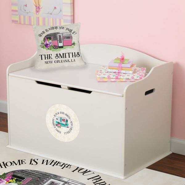 Camper Round Wall Decal on Toy Chest