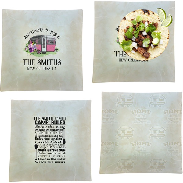 Custom Camper Set of 4 Glass Square Lunch / Dinner Plate 9.5" (Personalized)
