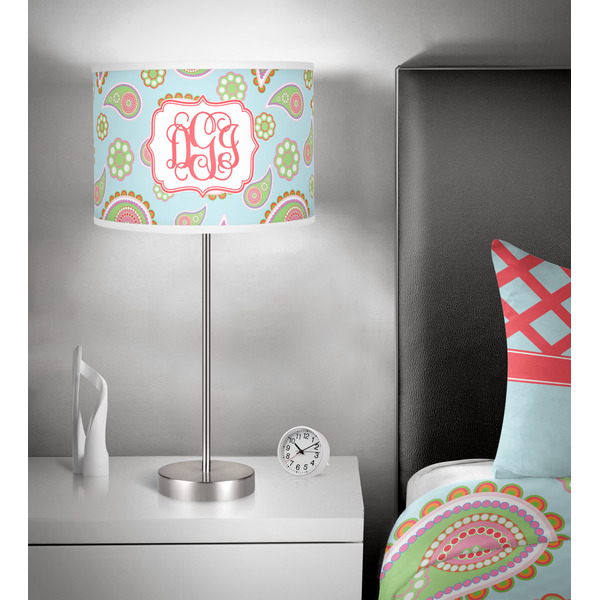 Blue Paisley 13 inch drum lamp shade - in room