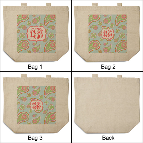 Blue Paisley 3 Reusable Cotton Grocery Bags - Front & Back View