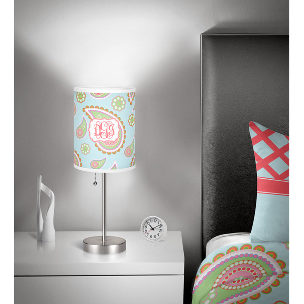 Blue Paisley 7 inch drum lamp shade - in room