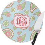 Blue Paisley Round Glass Cutting Board - Small (Personalized)