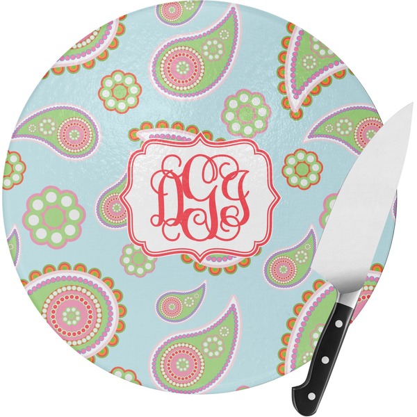 Custom Blue Paisley Round Glass Cutting Board - Small (Personalized)