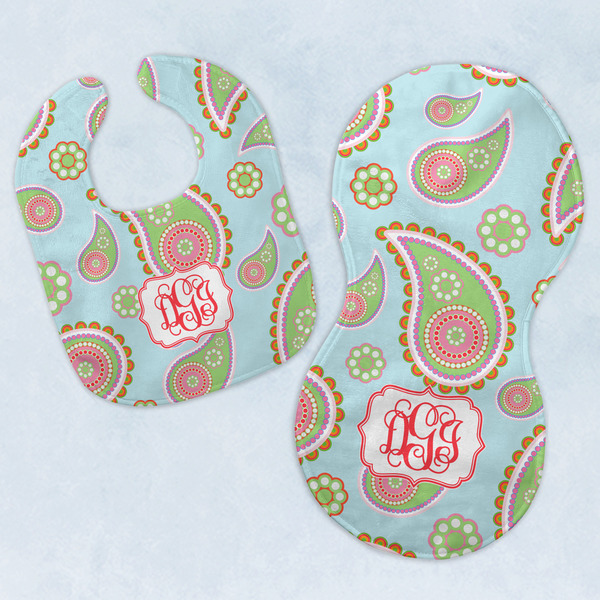 Custom Blue Paisley Baby Bib & Burp Set w/ Monogram
