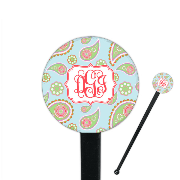 Custom Blue Paisley 7" Round Plastic Stir Sticks - Black - Single Sided (Personalized)