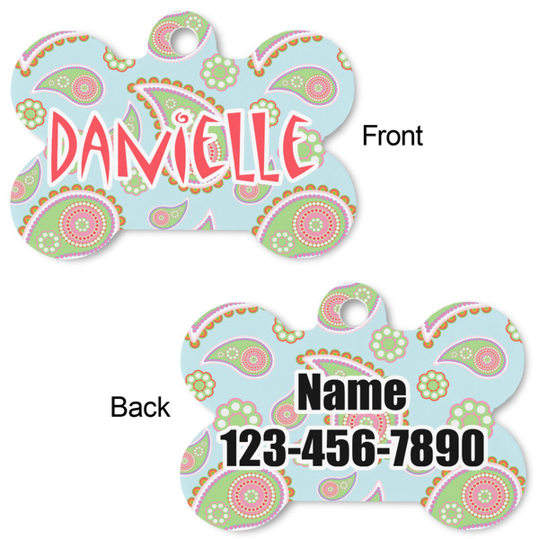 Blue Paisley Bone Shaped Dog Tag - Front & Back