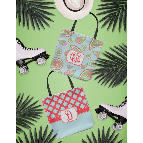 Blue Paisley Canvas Tote Lifestyle Front and Back- 13x13