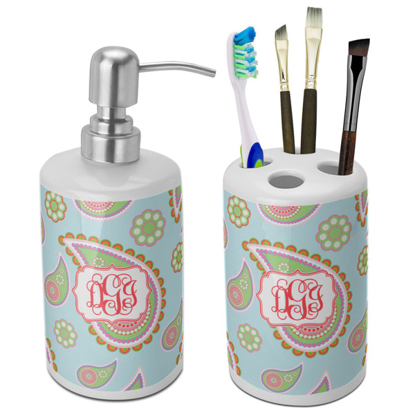 Custom Blue Paisley Ceramic Bathroom Accessories Set (Personalized)