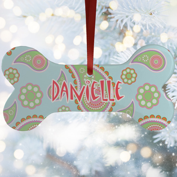 Custom Blue Paisley Ceramic Dog Ornament w/ Monograms