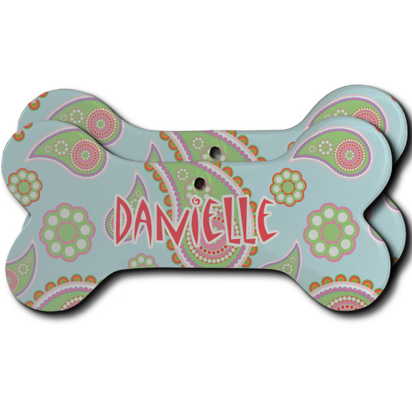 Custom Blue Paisley Ceramic Dog Ornament - Front & Back w/ Monogram