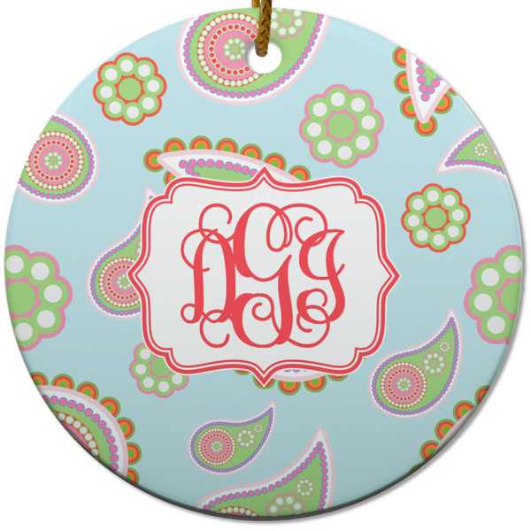 Custom Blue Paisley Round Ceramic Ornament w/ Monogram