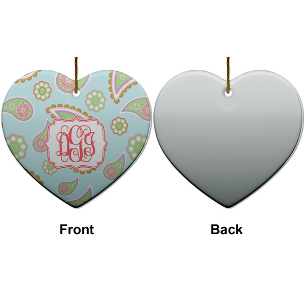 Blue Paisley Ceramic Flat Ornament - Heart Front & Back (APPROVAL)
