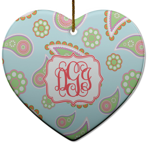 Custom Blue Paisley Heart Ceramic Ornament w/ Monogram