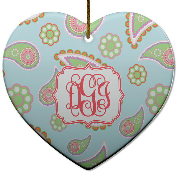 Blue Paisley Ceramic Flat Ornament - Heart (Front)