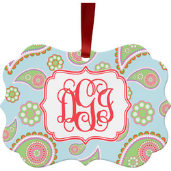 Blue Paisley Metal Frame Ornament - Double Sided w/ Monogram