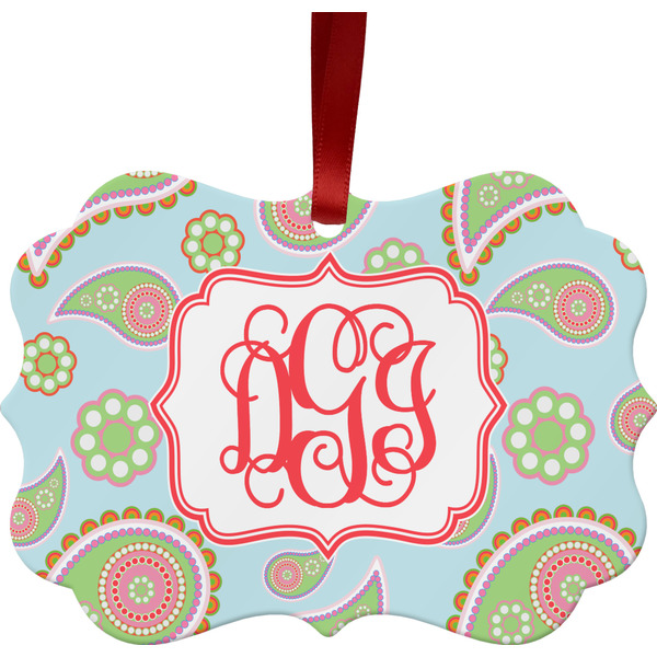 Custom Blue Paisley Metal Frame Ornament - Double Sided w/ Monogram