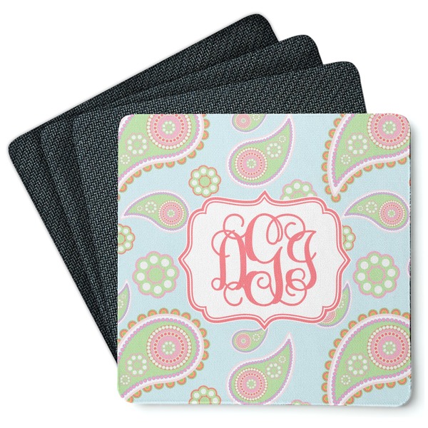 Custom Blue Paisley Square Rubber Backed Coasters - Set of 4 (Personalized)