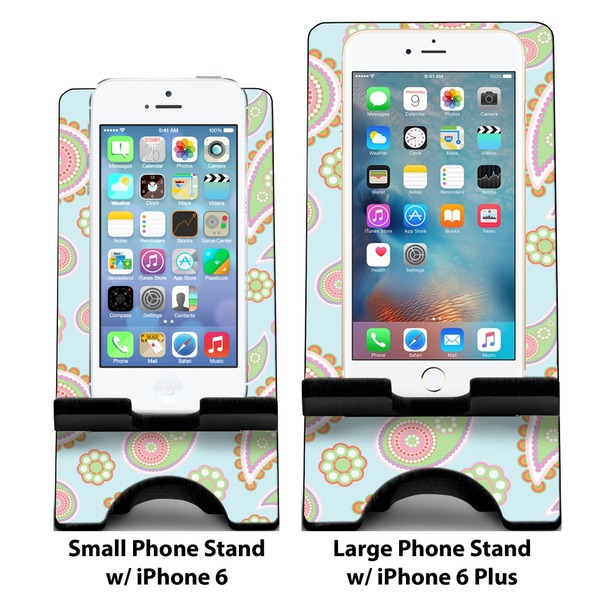 Blue Paisley Compare Phone Stand Sizes - with iPhones