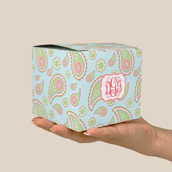 Blue Paisley Cube Favor Gift Box - On Hand - Scale View