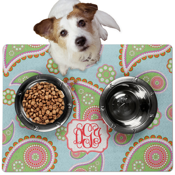 Custom Blue Paisley Dog Food Mat - Medium w/ Monogram
