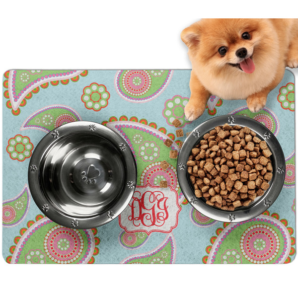 Custom Blue Paisley Dog Food Mat - Small w/ Monogram