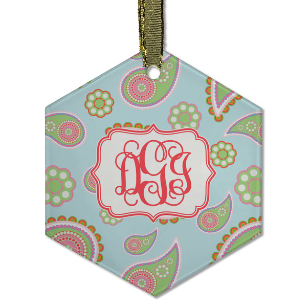 Custom Blue Paisley Flat Glass Ornament - Hexagon w/ Monogram