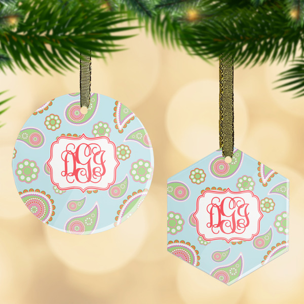 Custom Blue Paisley Flat Glass Ornament w/ Monogram