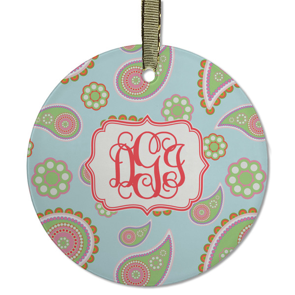 Custom Blue Paisley Flat Glass Ornament - Round w/ Monogram