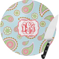 Blue Paisley Round Glass Cutting Board (Personalized)