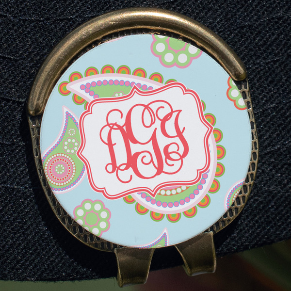 Blue Paisley Golf Ball Marker Hat Clip - Gold - Close Up
