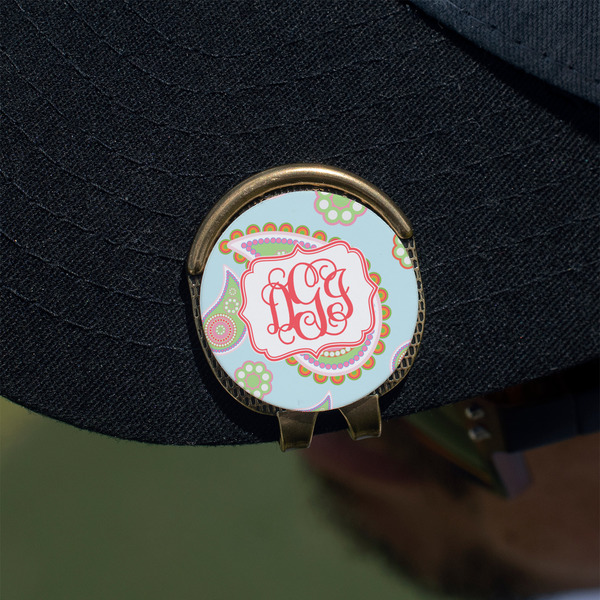Blue Paisley Golf Ball Marker Hat Clip - Gold - On Hat