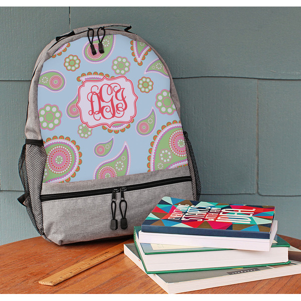 Blue Paisley Large Backpack - Gray - On Desk