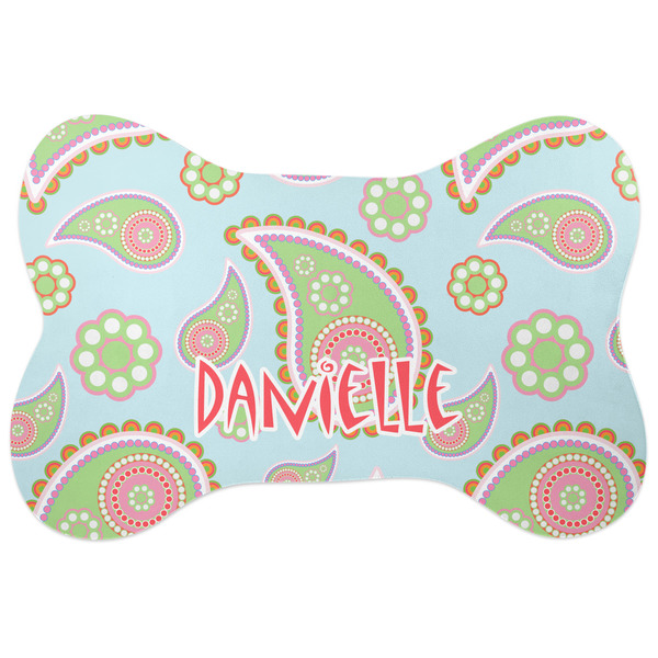 Custom Blue Paisley Bone Shaped Dog Food Mat (Large) (Personalized)