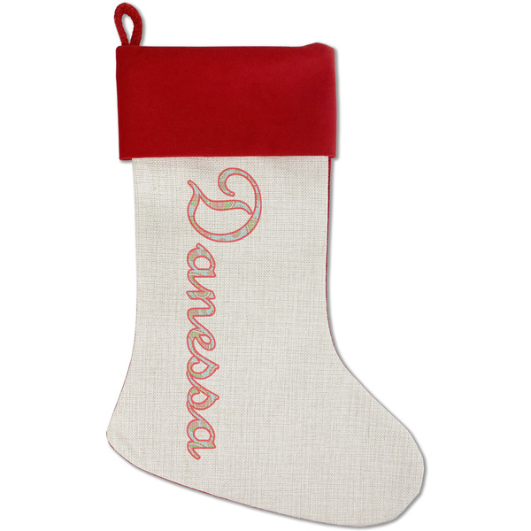 Custom Blue Paisley Red Linen Stocking (Personalized)