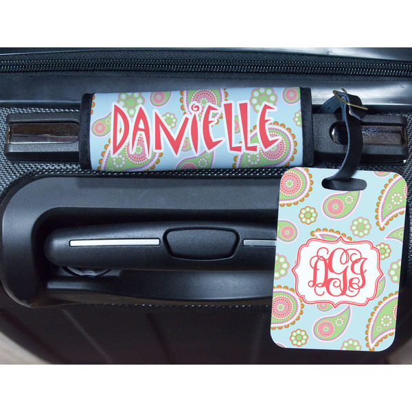 Blue Paisley Metal Luggage Tag & Handle Wrap - In Context