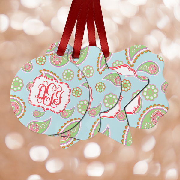 Custom Blue Paisley Metal Ornaments - Double Sided w/ Monogram