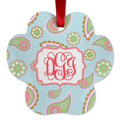 Blue Paisley Metal Paw Ornament - Double Sided w/ Monogram