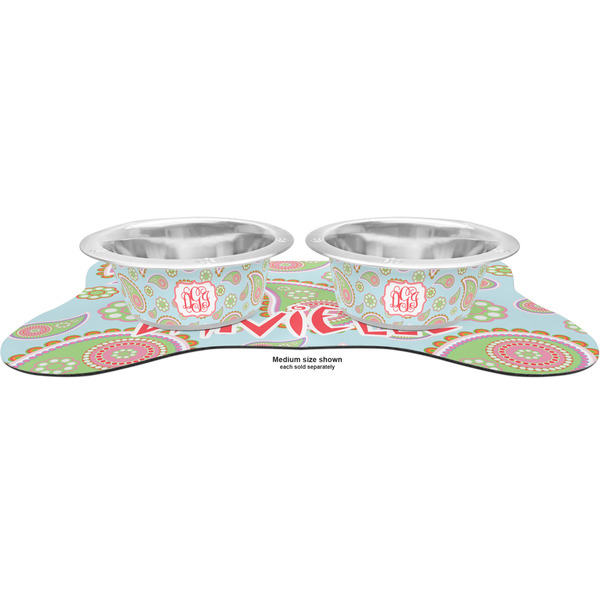 Blue Paisley Metal Pet Bowls - On Dog Bone Shaped Mat