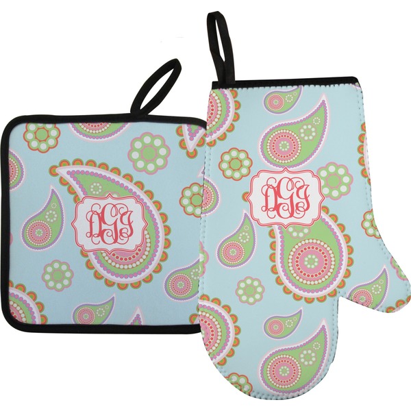 Custom Blue Paisley Oven Mitt & Pot Holder Set w/ Monogram