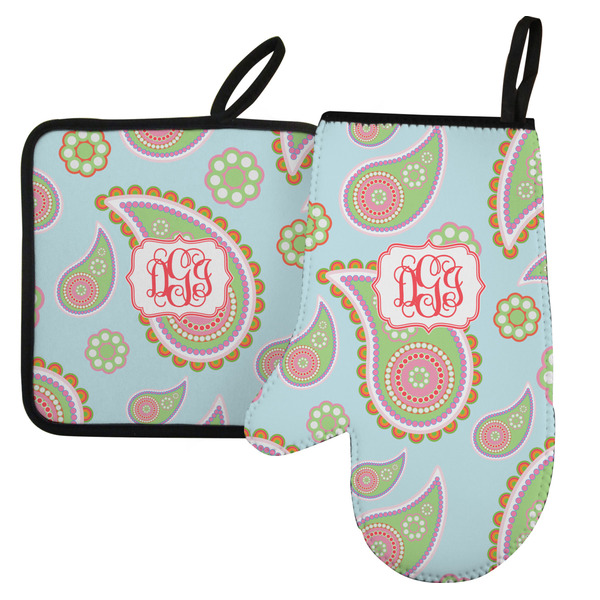 Custom Blue Paisley Left Oven Mitt & Pot Holder Set w/ Monogram