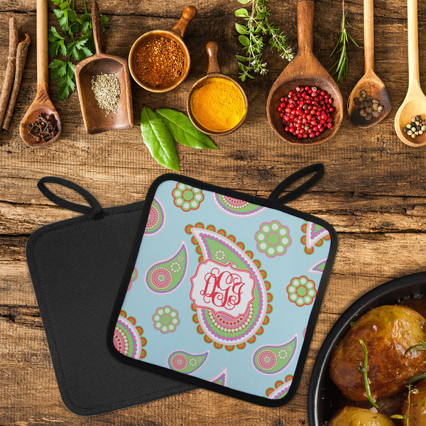 Blue Paisley Neoprene Pot Holder - Set of 2  LIFESTYLE (Flatlay)